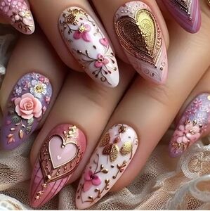 🔥3/$21 Heart and floral design Almond Shaped Press on nails